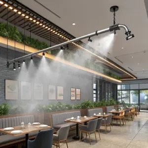 Indoor mist cooling in restaurants, homes, offices, and factories